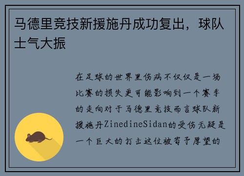 马德里竞技新援施丹成功复出，球队士气大振